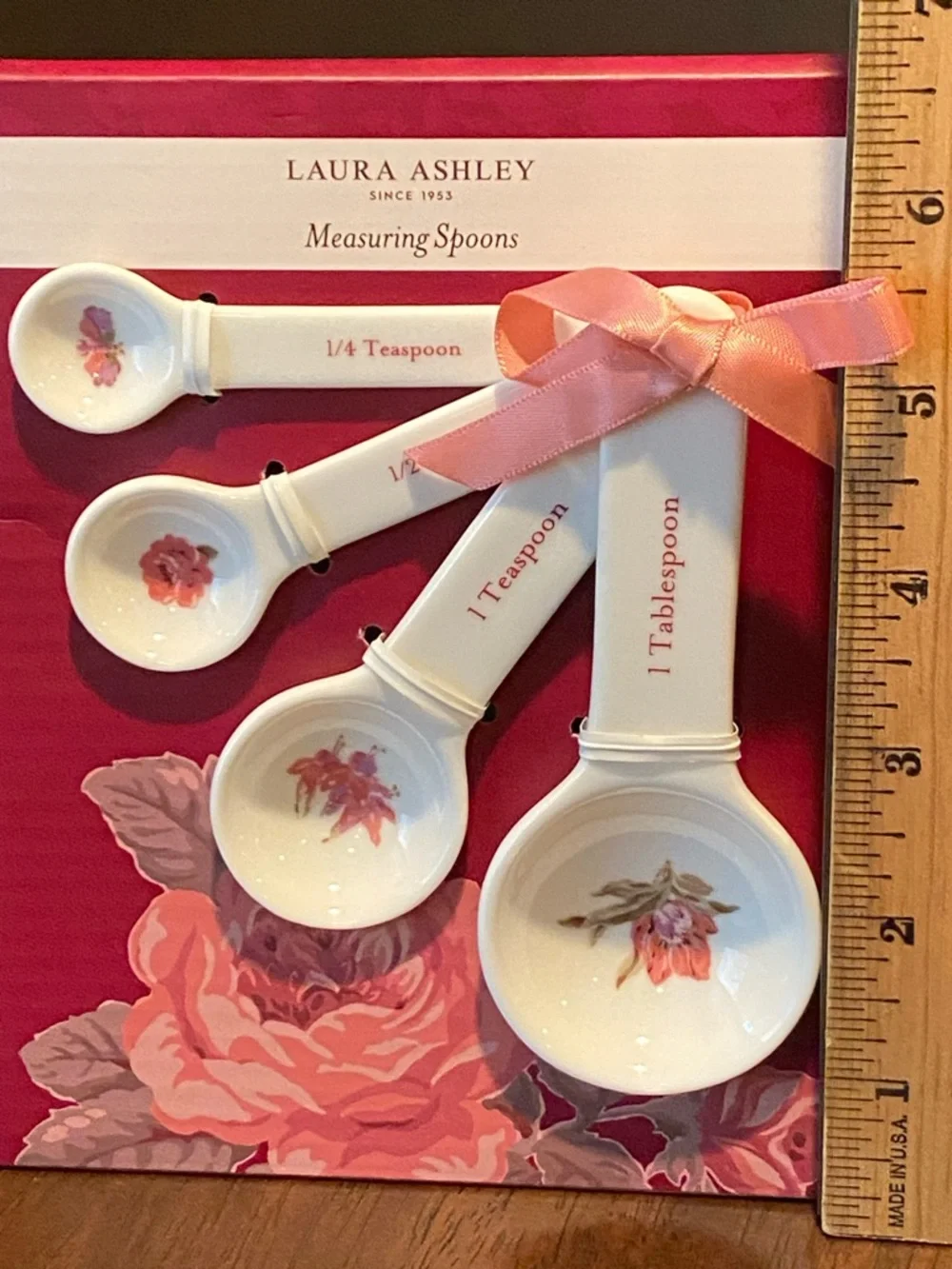Laura Ashley White Porcelain Measuring Spoons with Pink Floral Detail